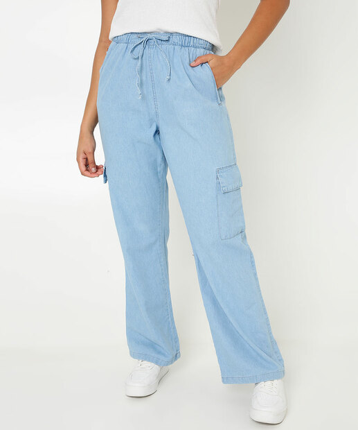 Calça Jeans Wide Leg Pantalona Feminina Cargo