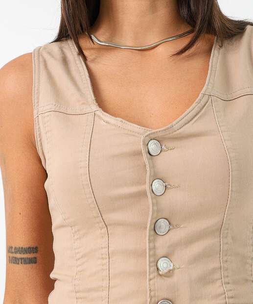 Colete Feminino Sarja Botões Sawary Bege