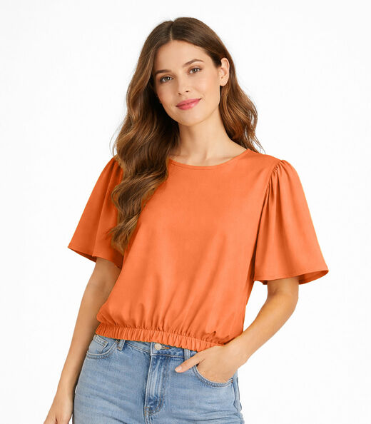 Image_Blusa Feminina Com Franzido Na Manga Infinita Cor Laranja
