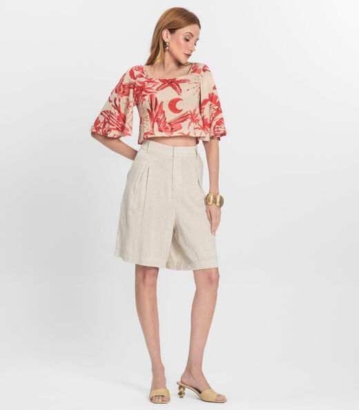 Bemuda Feminina Em Linho Com Bolsos Endless Bege