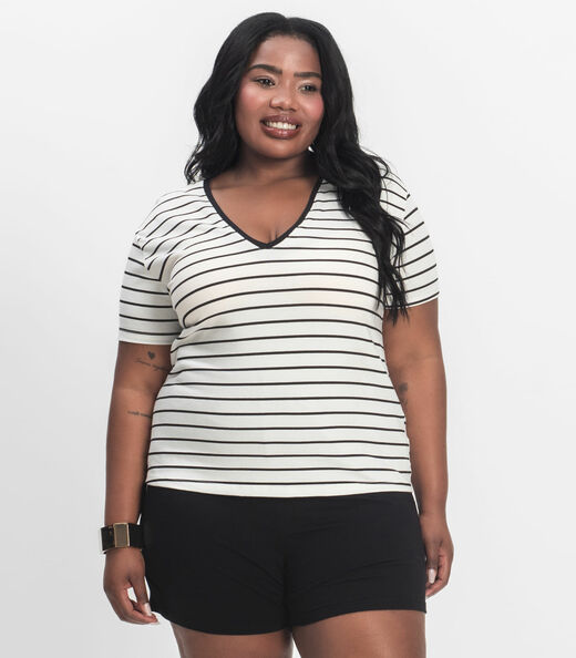 Blusa Feminina Plus Size Gola V Secret Glam Bege