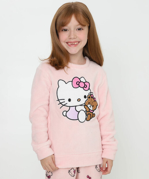 Pijama Infantil Bordado Hello Kitty Manga Longa Tam 04 ao 12 Rosa