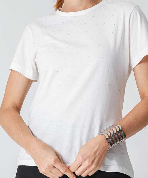 Camiseta Feminina Manga Curta Strass Marisa Off White