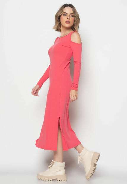 Image_Vestido Midi Ombro Vazado Manga Longa Canelado  Fashion Melancia