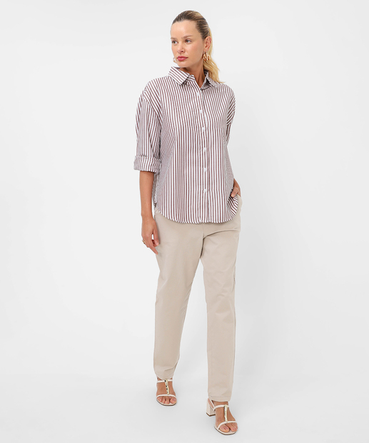 Camisa Feminina Listrada Manga Longa Marisa Marrom