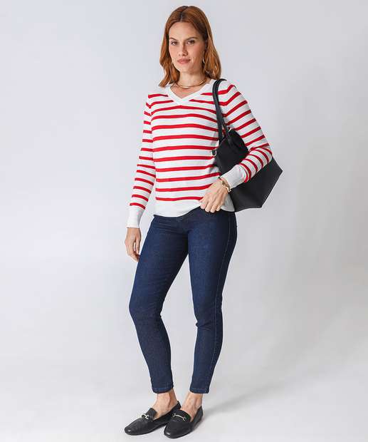 Suéter Feminino Listrado Gola V Marisa Bege