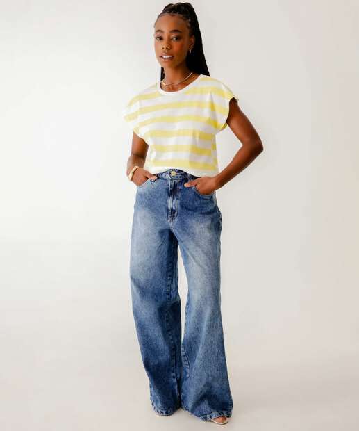 Calça Jeans Wide Leg Feminina Marmorizada Bolsos Marisa