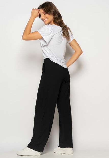 Calça Wide Leg Com Bolso Malha Preto Salvatore Fashion