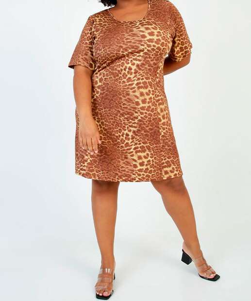 Vestido Plus Size Feminino Animal Print Manga Curta