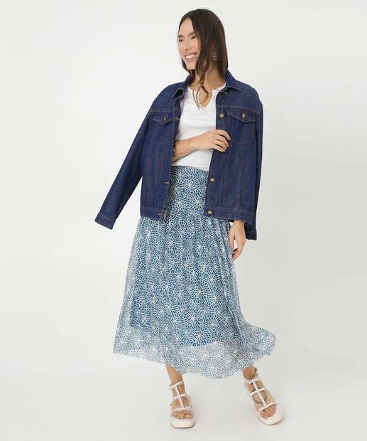 Saia Feminina Midi Evasê Tule Estampada Marisa