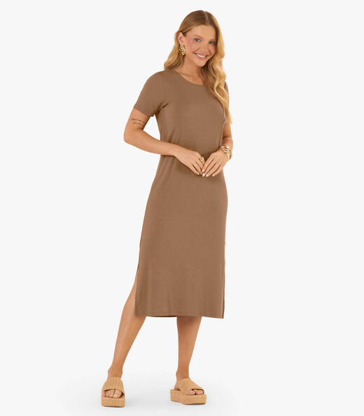 Vestido Feminino Básico Midi Em Ribana Rovitex Marrom