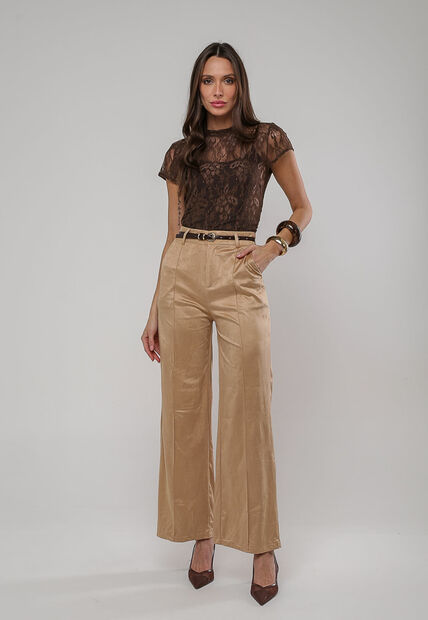 Calça Suede Wide Leg Com Recorte Bege Salvatore