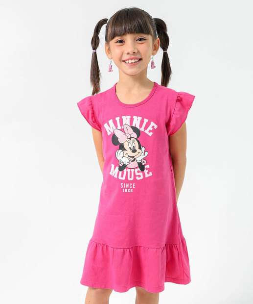 Vestido Infantil Minnie Babado Disney Tam 4 a 10 Rosa