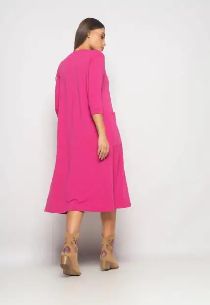 Vestido Midi Com Bolsos E Manga 7/8 Moletinho Rosa Salvatore