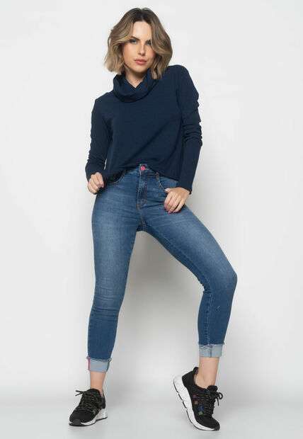 Blusa Golão Manga Longa Canelada Azul Salvatore Fashion