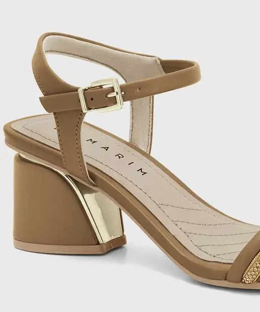 Sandália Salto Grosso Feminina Strass Ramarim Bege 2428202