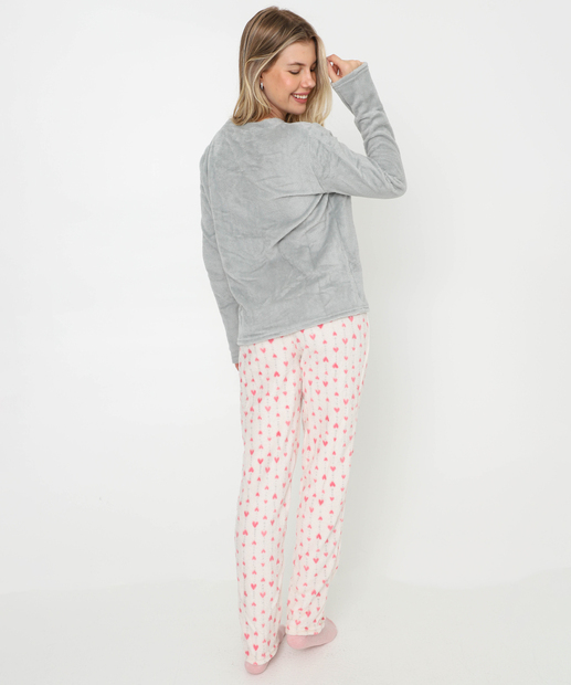 Pijama Feminino Plush Estampa Coração Marisa Cinza