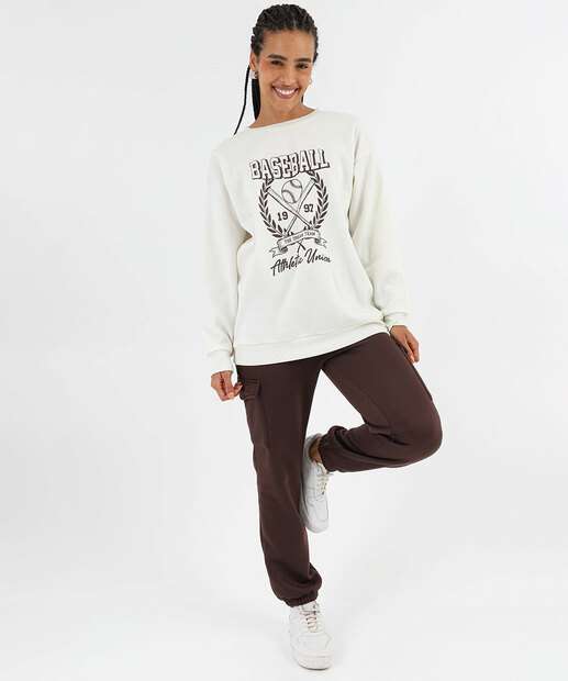 Blusão Feminino Moletom Estampado Alongado Marisa Off White