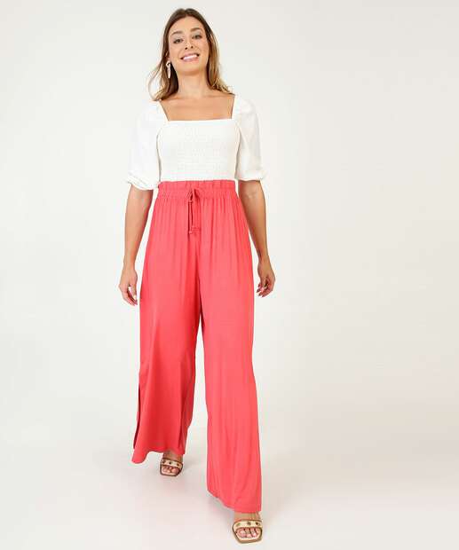 Calça Wide Leg Feminina Amarração Fendas Marisa 