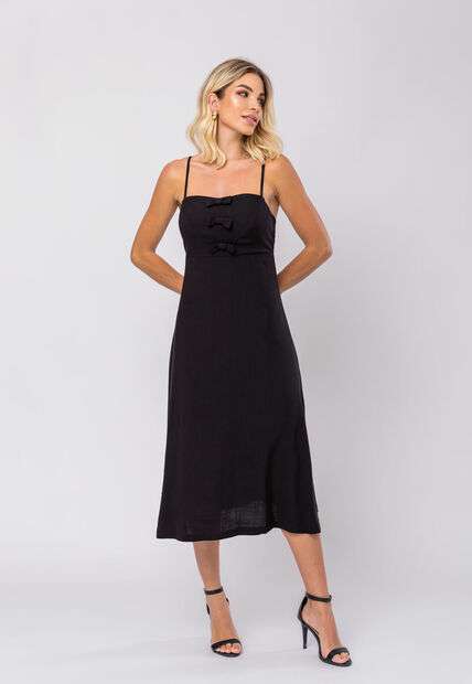 Vestido Midi Viscolinho Premium Laços Preto Salvatore