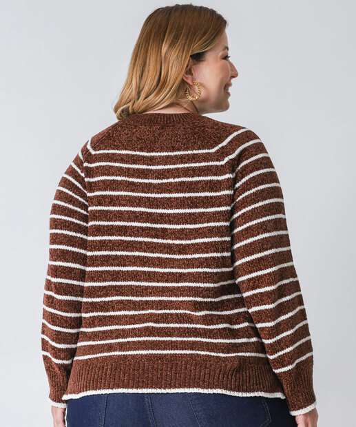Suéter Plus Size Feminino Chenille Listrado Marisa Marrom