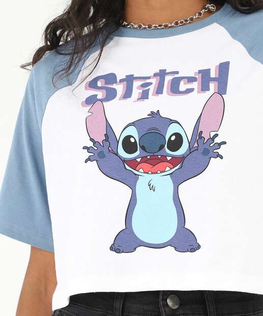 Blusa Cropped Feminina Stitch Manga Curta Disney Azul