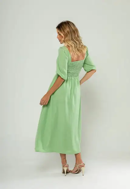 Vestido Longo Com Decote Reto E Manga Bufante 3/4 Verde Salvatore
