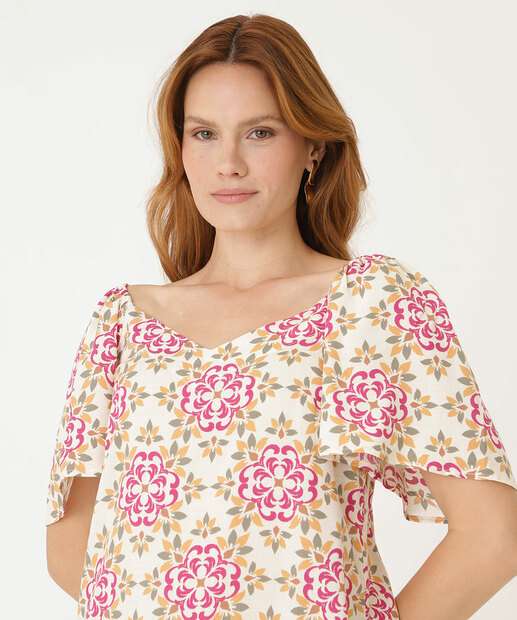 Vestido Feminino Curto Manga Borboleta Estampado Marisa