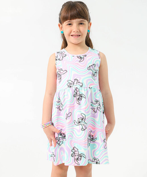 Vestido Infantil Estampa Stitch Tam 4 a 10 Off White