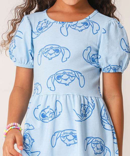 Vestido Infantil Manga Bufante Stitch Tam 4 a 10 Azul