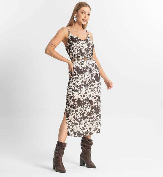 Vestido Feminino Midi De Alça Estampado Veshine Marrom
