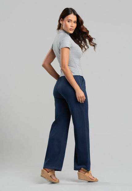 Calça Jeans Cintura Elástica e Amarração Jeans Escuro Salvatore