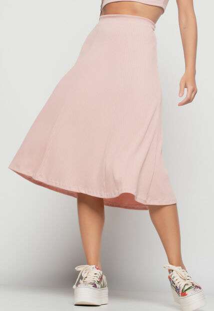 Saia  Midi Godê Canelada Rosa Claro