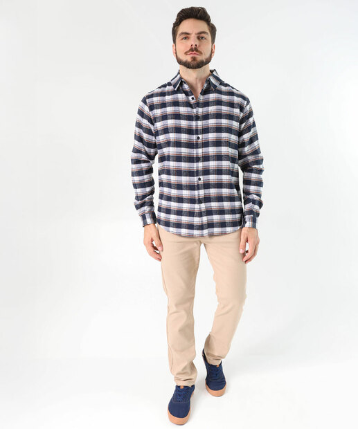 Camisa Masculina Xadrez Manga Longa Marisa Bege