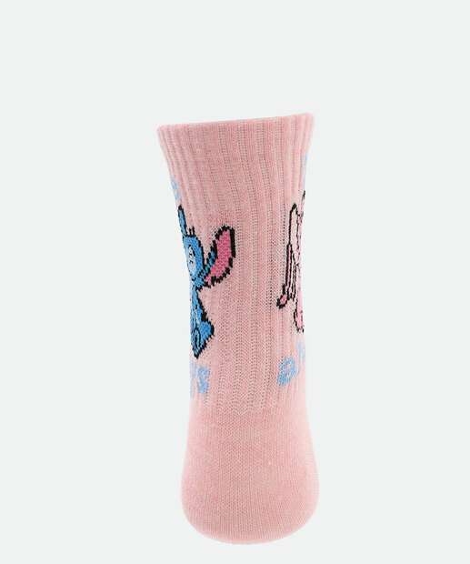 Kit 2 Pares Meias Soquete Feminina Stitch e Angel Disney Rosa