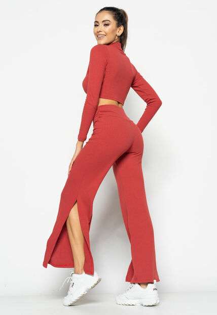 Calça  Flare Com Fenda Lateral Canelada Terracota Salvatore Fashion