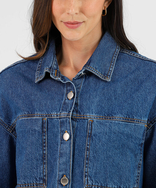 Jaqueta Feminina Jeans Oversized Bolsos Marisa Azul