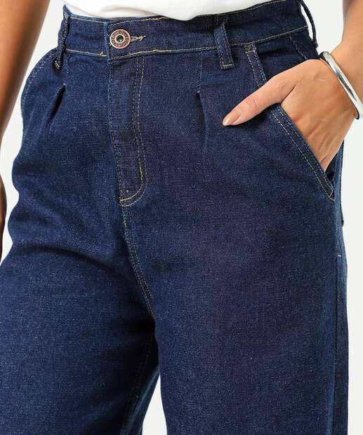 Calça Jeans Wide Leg Bolsos Feminina Azul