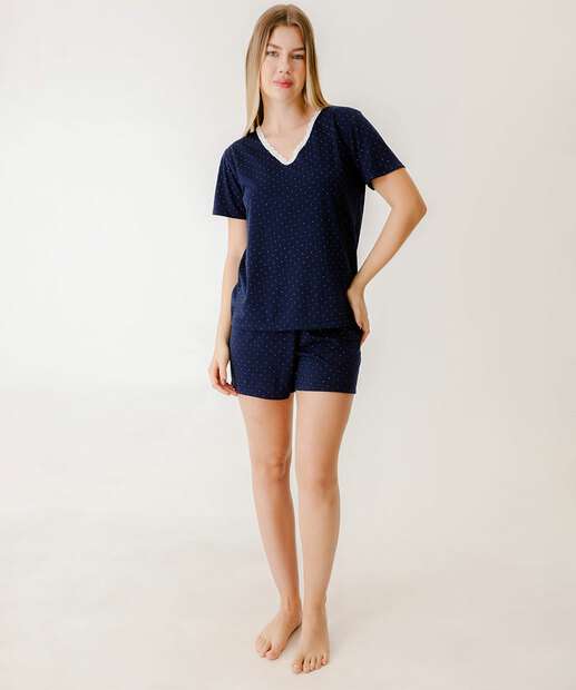 Pijama Feminino Poá Renda Manga Curta Marisa Azul