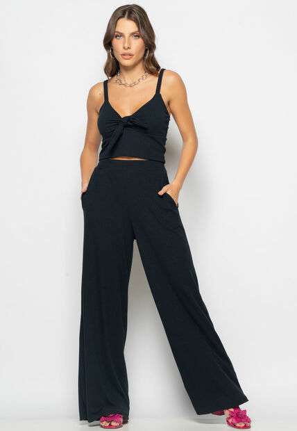 Conjunto Cropped Laço e Wide Leg Canelado Preto Salvatore
