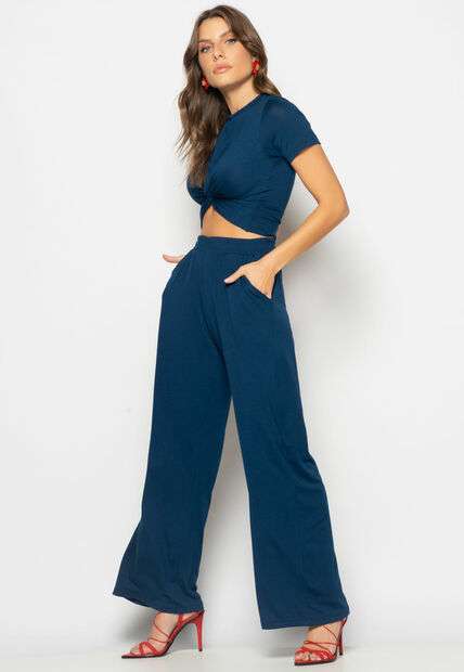 Conjunto Cropped Nó e Wide Leg Malha Azul Salvatore