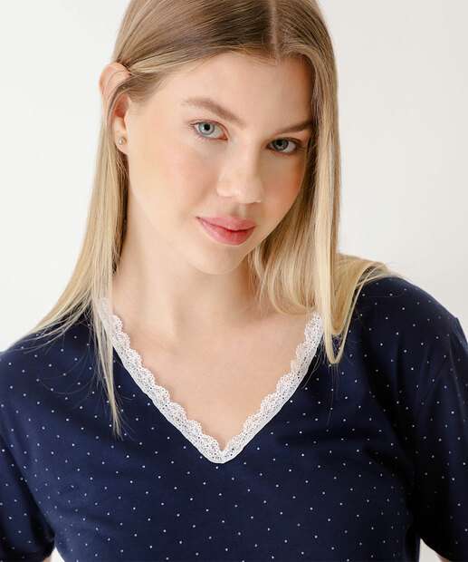 Pijama Feminino Poá Renda Manga Curta Marisa Azul