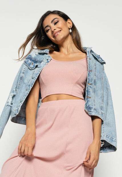 Cropped  Alça Fina Canelado Rosa Claro Salvatore Fashion