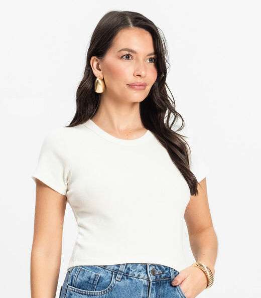 Blusa Cropped Ribana Básica Rovitex Bege