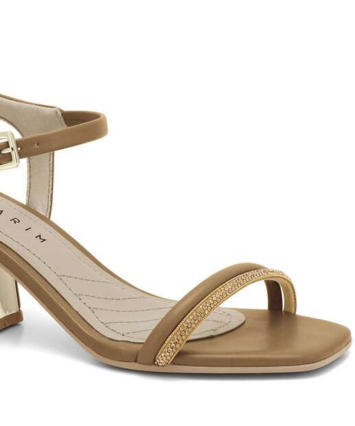 Sandália Salto Grosso Feminina Strass Ramarim Bege 2428202