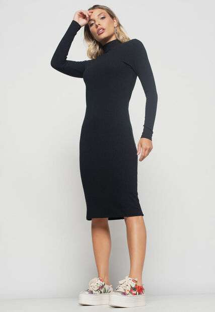 Image_Vestido  Midi Manga Longa Canelado Preto