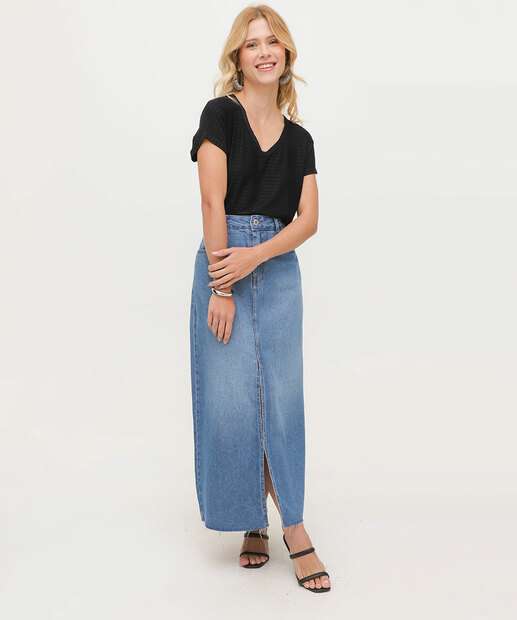 Saia Longa Jeans Feminina Fenda Frontal