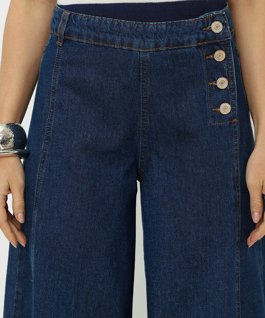 Calça Jeans Palazzo Botões Feminina Sawary Azul