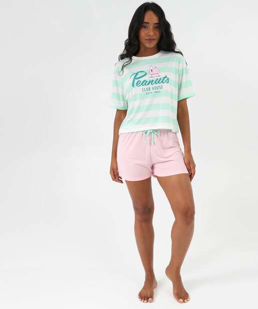 Pijama Feminino Listrado Manga Curta Snoopy Rosa
