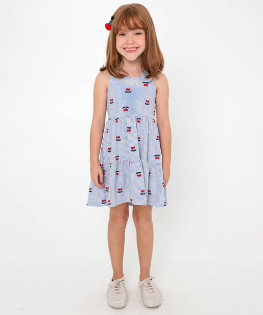 Vestido Infantil Listrado Cerejas Tam 4 a 10 Off White